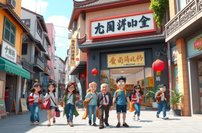 Иностранцы в городе Чаочжоу (Chaozhou 潮州市) на фоне местных достопримечатостей для групп WeChat.