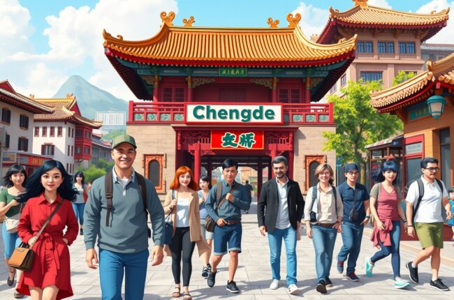 Иностранцы на фоне архитектуры города Чэндуэ для групп WeChat.