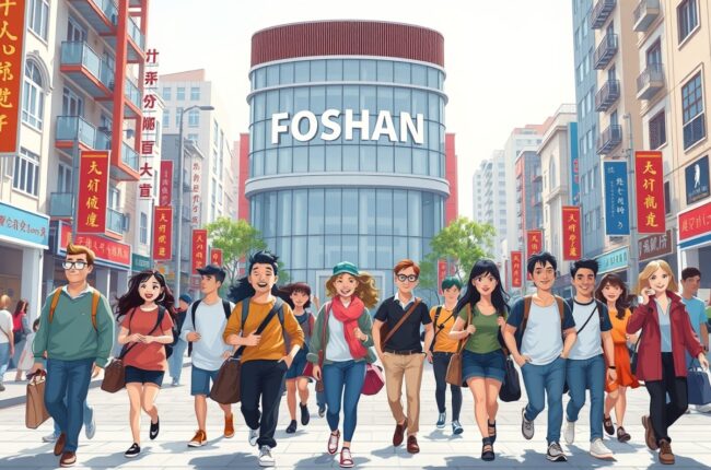 Иностранцы на фоне архитектуры города Фошан для групп WeChat.