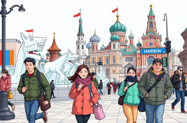 Иностранцы на улице Харбина у ледяных скульптур для групп WeChat