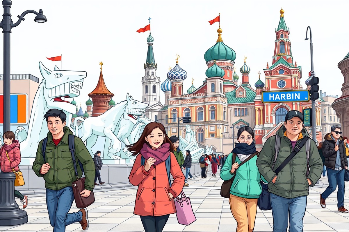 Иностранцы на улице Харбина у ледяных скульптур для групп WeChat