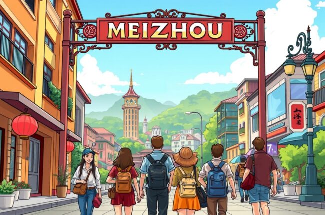 Иностранцы в Ме州市 (Meizhou) на фоне местных достопримечатостей для групп WeChat.