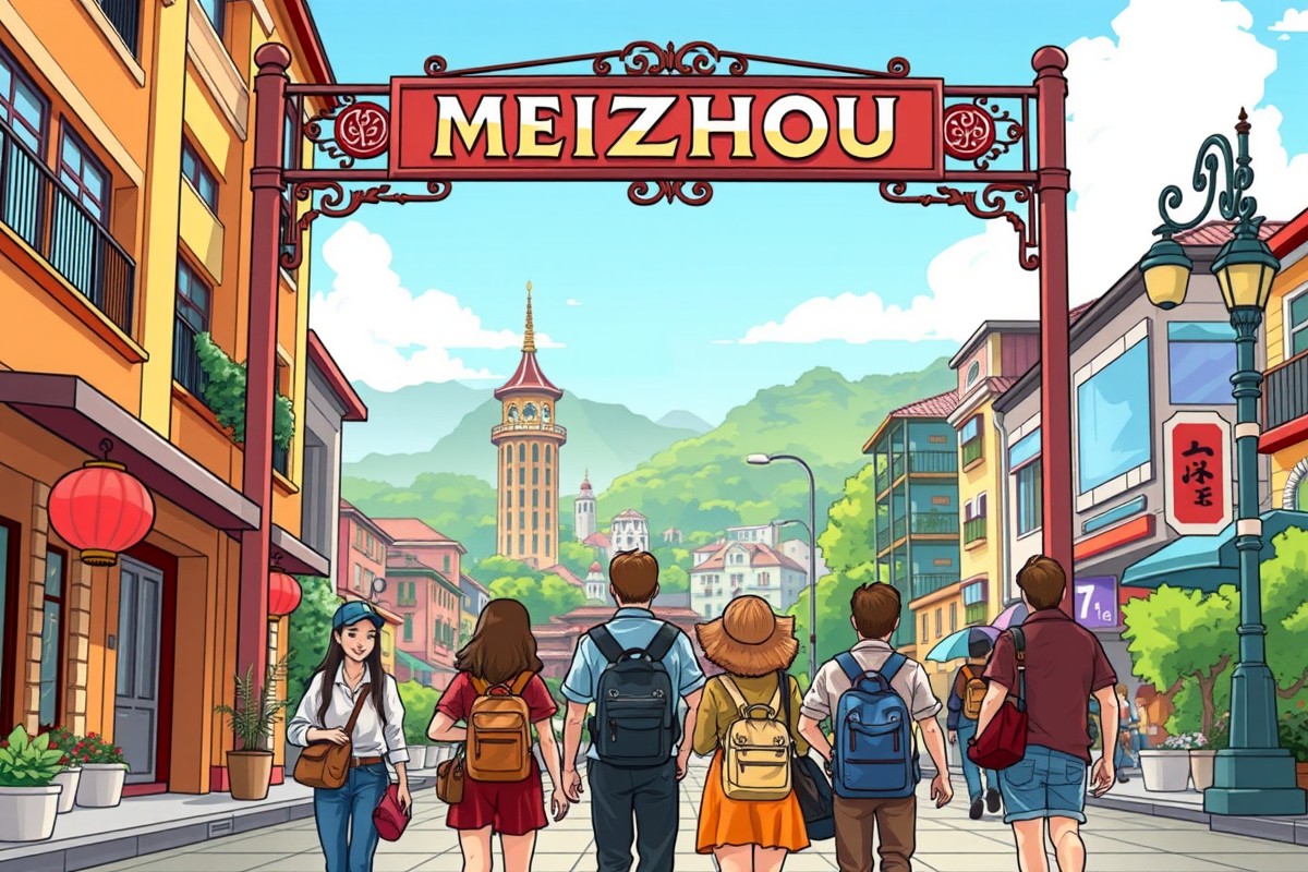 Иностранцы в Ме州市 (Meizhou) на фоне местных достопримечатостей для групп WeChat.