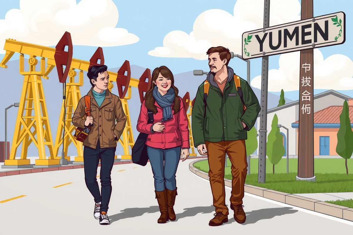 Иностранцы на улице Юймэня у нефтяного памятника для групп WeChat.
