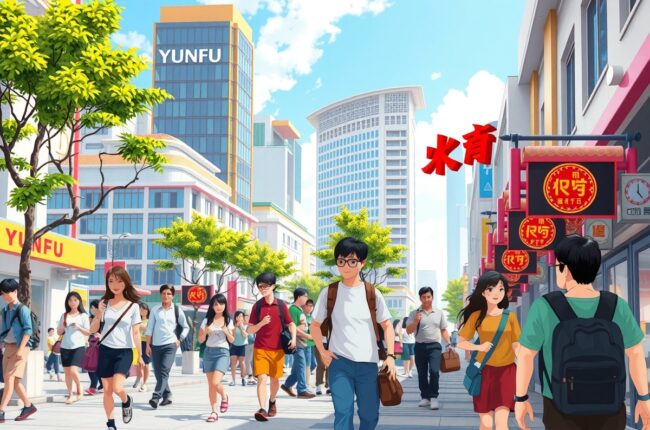 Иностранцы в городе Юньфу (Yunfu) на фоне местных достопримечательностей для групп WeChat.