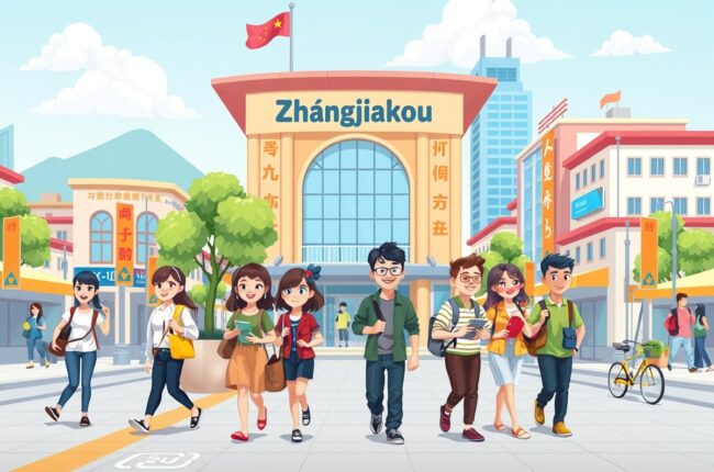 Иностранцы в городе Чаньцзякоу (Zhangjiakou) на фоне местных достопримечатостей для групп WeChat.