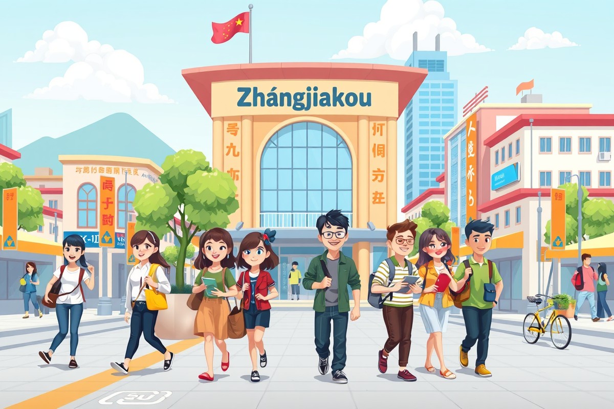 Иностранцы в городе Чаньцзякоу (Zhangjiakou) на фоне местных достопримечатостей для групп WeChat.