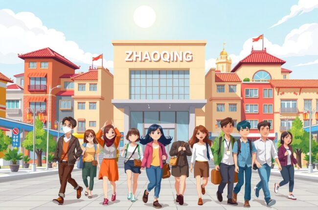 Иностранцы в городе Чжаоцзин (Zhaoqing 肇庆市) рядом с местными достопримечаностями для групп WeChat.