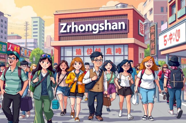 Иностранцы в городе Чжуншань (Zhongshan) на фоне местных достопримечатостей для групп WeChat.